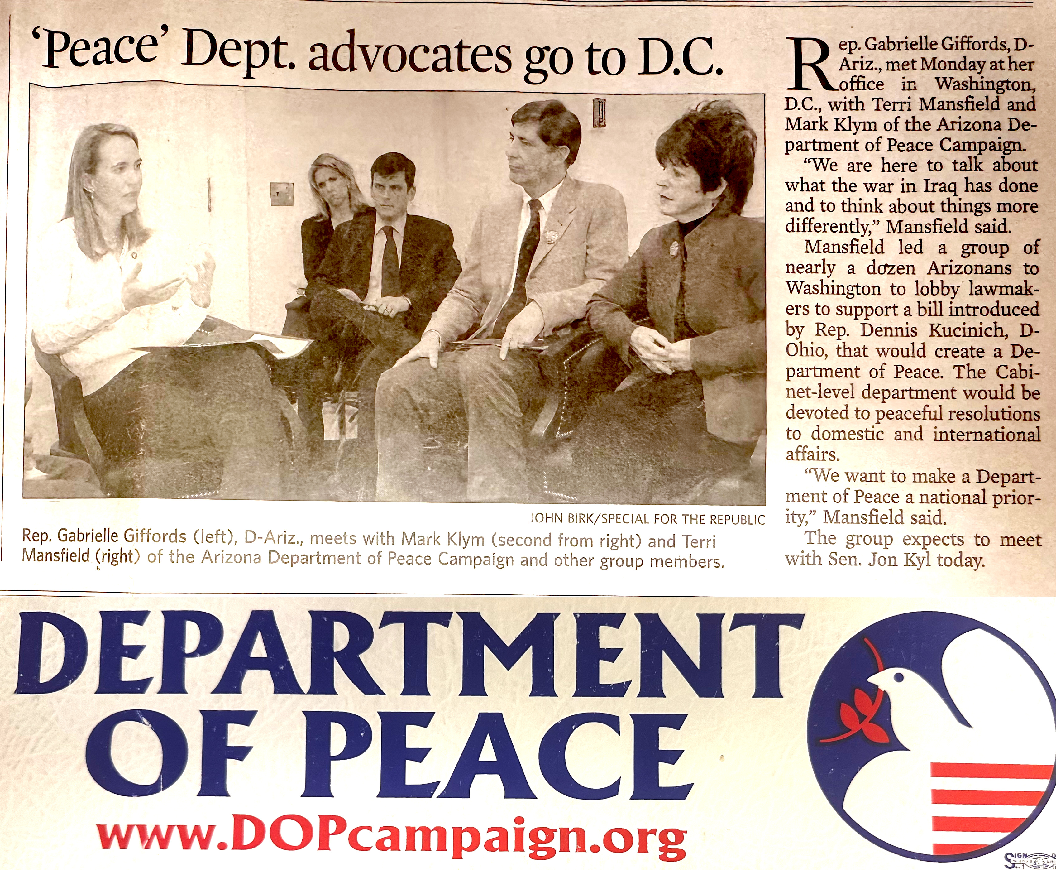 'Peace' Dept. advocates go to D.C. — newspaper article + Department of Peace bumper sticker